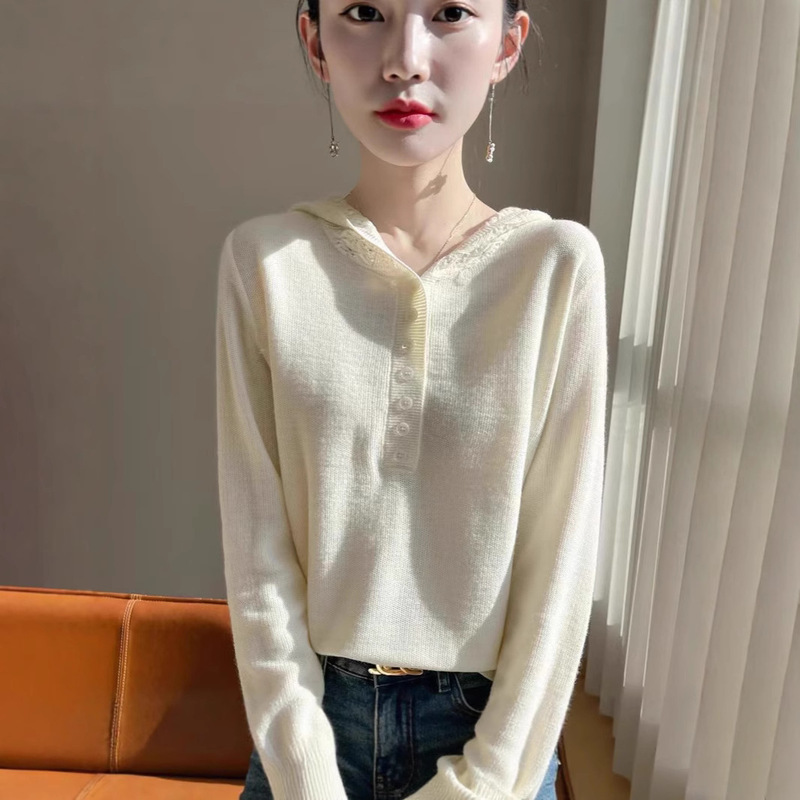 Spring and Summer New Fine-Spun Wool Women's Hooded Top with Handmade Crochet Design, Thin Pullover Base Shirt Trendy Spring and Summer New Fine-Spun Wool Women's Hooded Top with Handmade Crochet Design, Thin Pullover Base Shirt Trendy