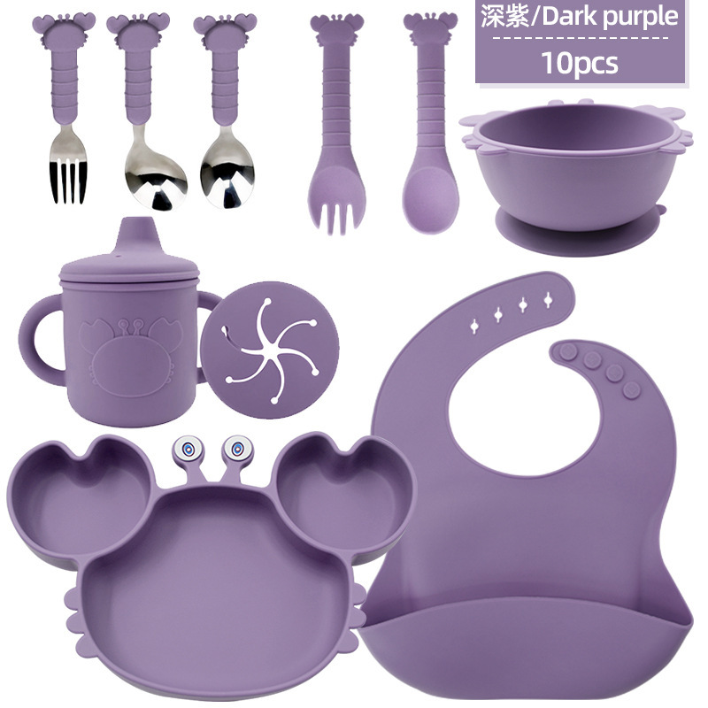 Bebé de grado alimenticio silicona cubierta set cangrejo plato set diez piezas bebés silicona anti-caída resistente al calor ventosa cucharas