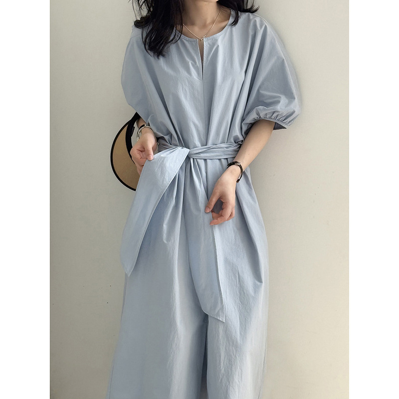 Beishan Tongshu Lazy Style Puff Sleeve Casual Dress for Women, Summer Tie-Waist Slimming Long Dress 82399