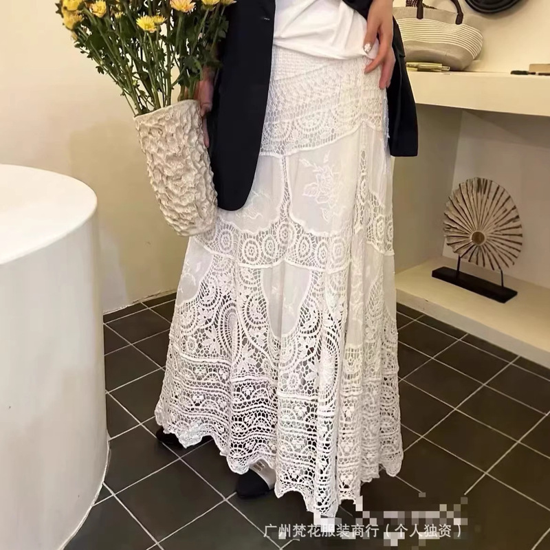 Bohemian Style Sweet Lace Hollow-Out Solid Color Pure Cotton Embroidered Skirt, Spring Holiday Flared Skirt, A-Line Half Skirt Bohemian Style Sweet Lace Hollow-Out Solid Color Pure Cotton Embroidered Skirt, Spring Holiday Flared Skirt, A-Line Half Skirt