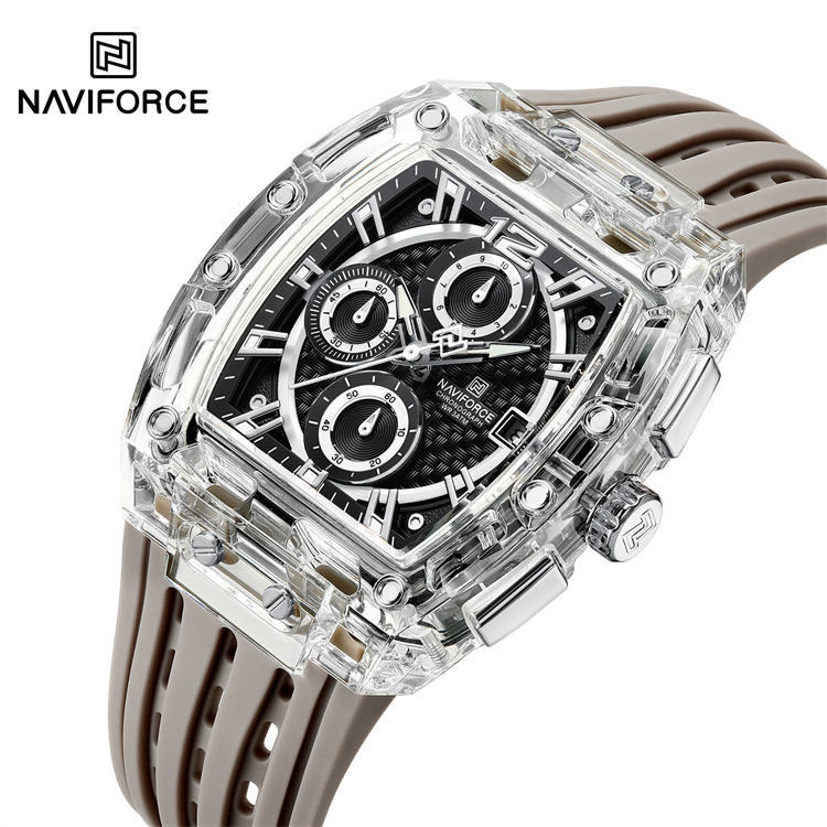 Naviforce Watch Men's Transparent Barrel Quartz Watch Silicone Strap Luminous Waterproof Sports Watch for Men
