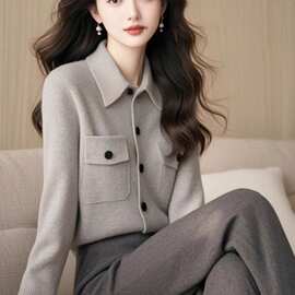 韩系双口袋翻领灰色毛衣开衫女春秋轻熟风针织衫气质外套上衣