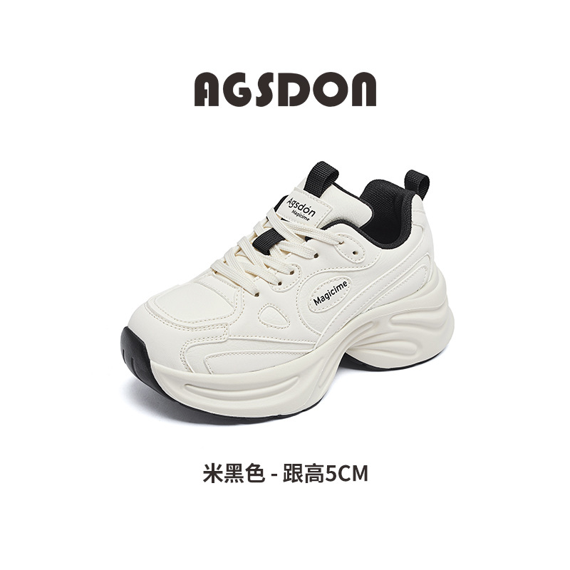 Augu Shi Deng zapatos de base gruesa para padres y mujeres 2025, nuevos zapatos de cuero de primavera y otoño pequeños zapatos deportivos blancos para estudiantes zapatos de carrera casuales