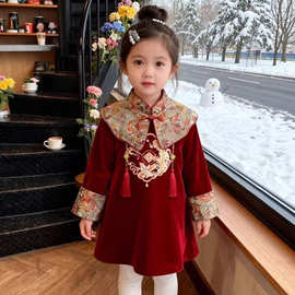 女童公主裙女孩加绒汉服连衣裙冬装加厚新款儿童拜年服红色新年裙