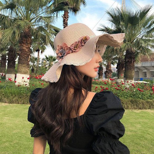 Straw hat female college style young people anti-UV sun protection hat slim and cute new three flower sunshade sun hat