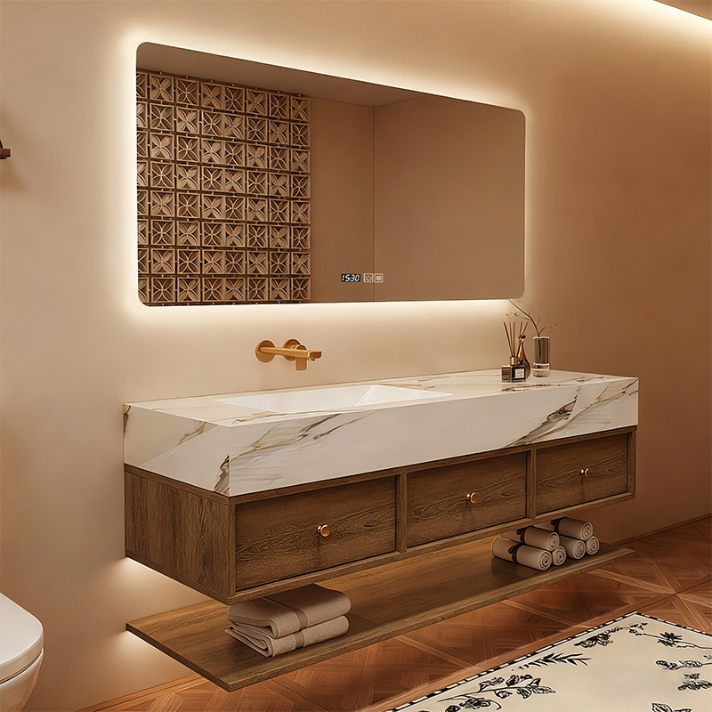 Medieval Style Slate Ceramic Seamless Walnut Bathroom Cabinet Combination Bathroom Sink Washbasin