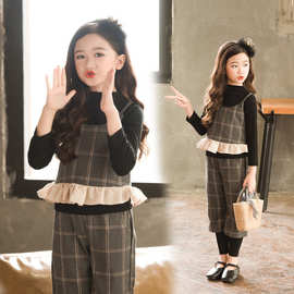 秋季女童休闲套装美拉德穿搭格子半身裙中大童针织开衫外套两件套