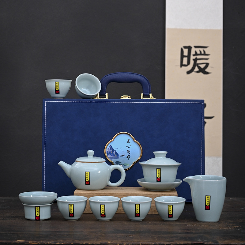 High-end Ru ware Kungfu tea set for home use, gifting, ceramic teapot, lid, bowl, and cups, luxurious chipped Ru porcelain, can be nurtured