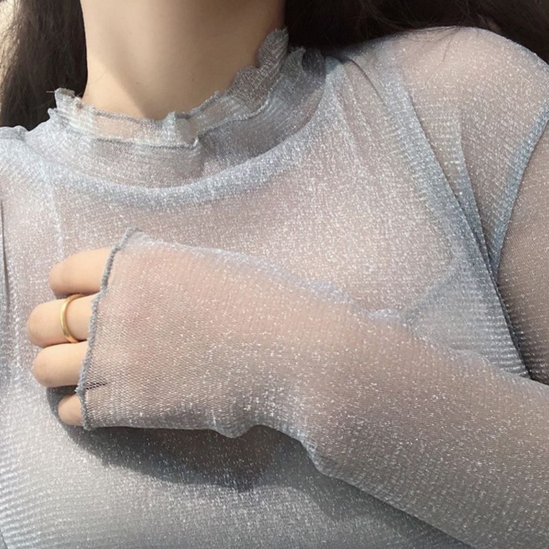 2025 Early Autumn New Lace Bottoming Shirt for Women, Fashionable Autumn and Winter Gauze Inner Wear, Mesh Transparent Autum Top Shirt