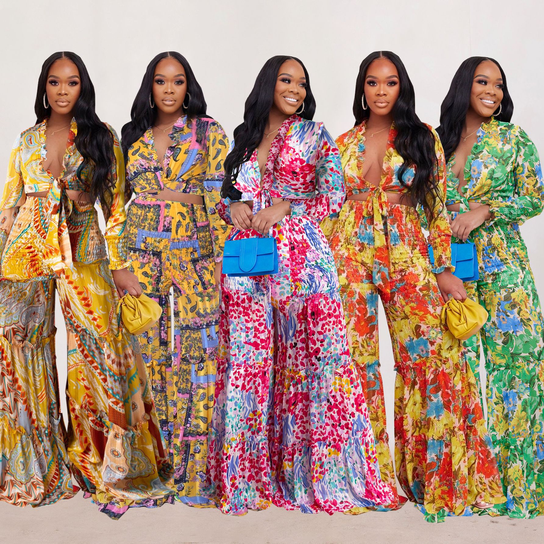 Ženska oblačila, dvodelna obleka iz šifona, modne, kontrastne barve, široke hlače z dolgimi rokavi in čipkami _voghion.com