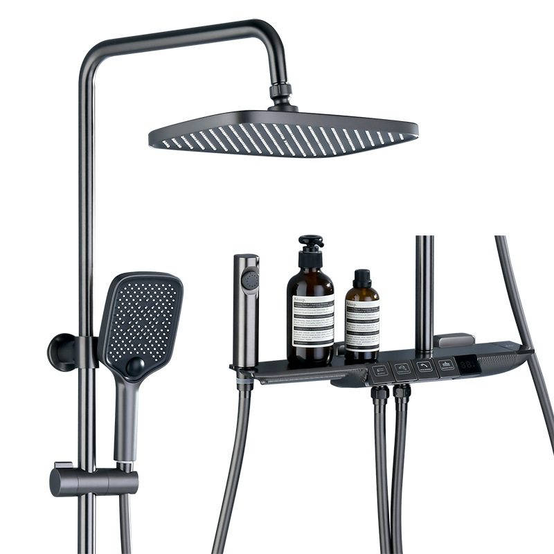 Pistola de baño una por una, llave de piano Tomahawk gris, ducha digital de temperatura constante, pistola pulverizadora inteligente de cuatro velocidades, juego de pulverización superior presurizado