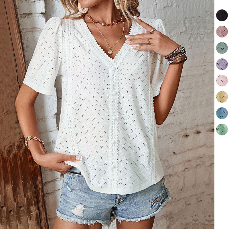 Summer European and American Cross-Border Export Vacation Casual Simple Style Top Cut Out Lace V-Neck Pure Color Short-Sleeved Shirt for Women
