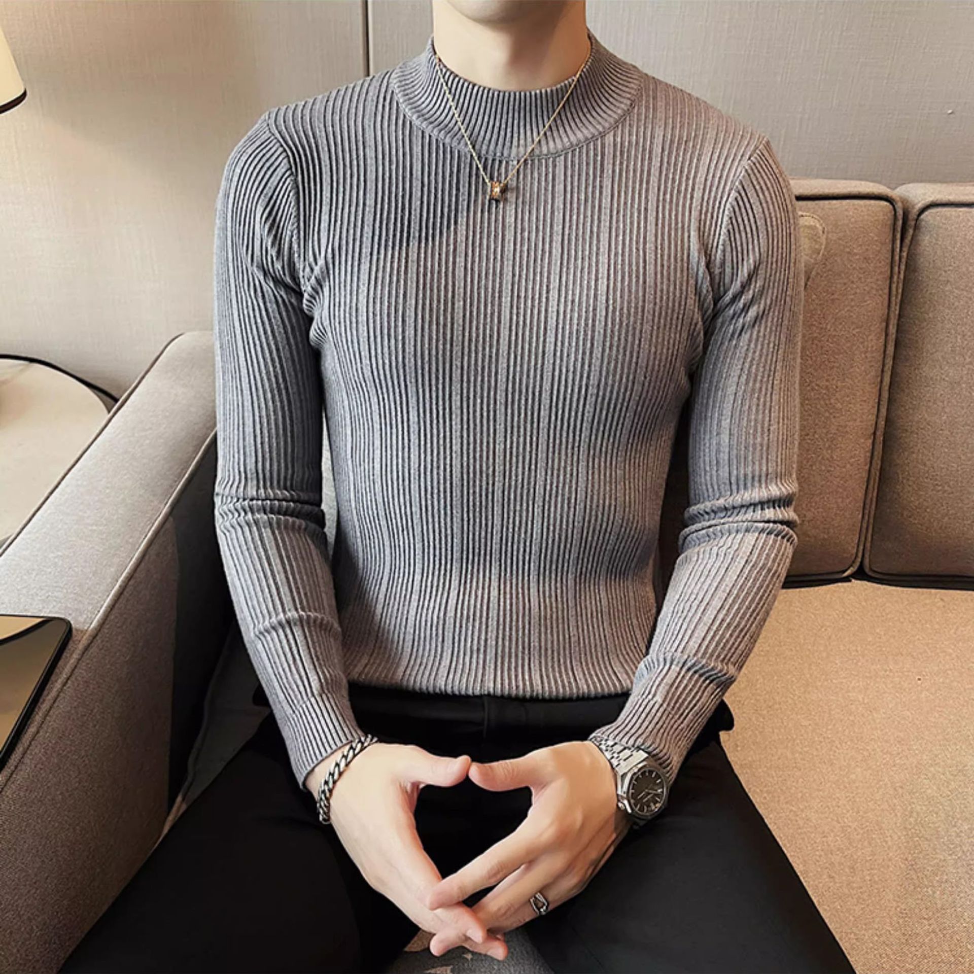 Camiseta de punto de cuello de media altura camiseta de manga larga hombre viejo dinero estilo de negocios delgado color sólido en primavera y otoño fábrica transfronteriza al por mayor