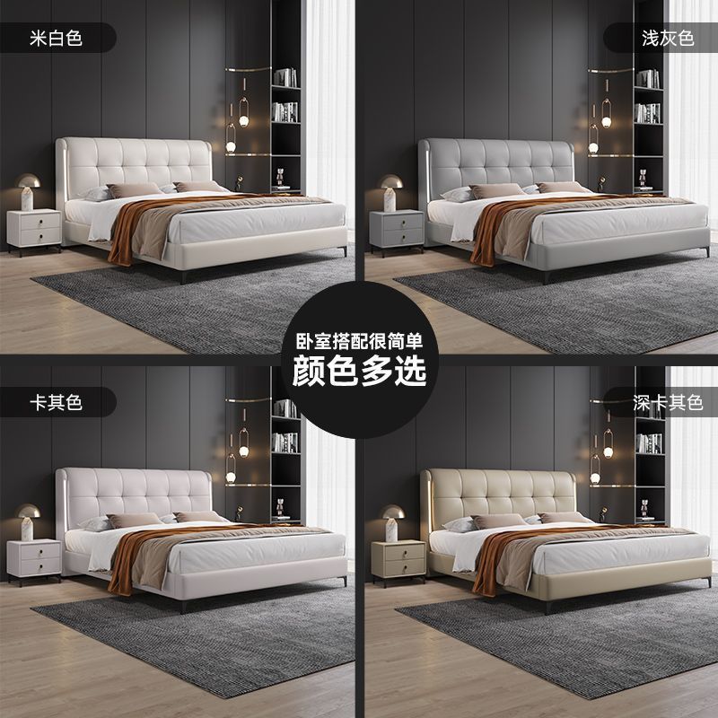 Cama de cuero de vaca, cama de cuero real moderna y simple, cama de casal doble con lámpara, cama de lujo ligera y blanda, cama queen simple y moderna.