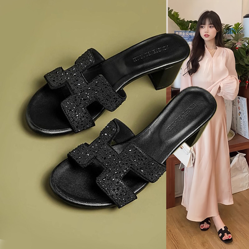 Hong Kong Style Women's Slippers for Outdoor Wear, Fashionable 2025 Summer Trendy Sandals, Versatile Chunky Heel Slide Sandals, Beach Shoes