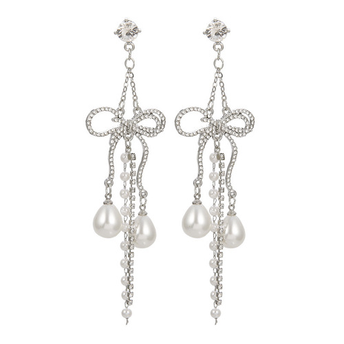 Elegant and Exquisite Butterfly Knot Silver 925 Pearl Earrings with a Simple and Refined Style, Long Tassel Earrings