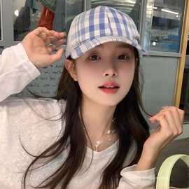 新款韩系蓝白格纹棒球帽女日系百搭显脸小渔夫帽春夏休闲遮阳盆帽