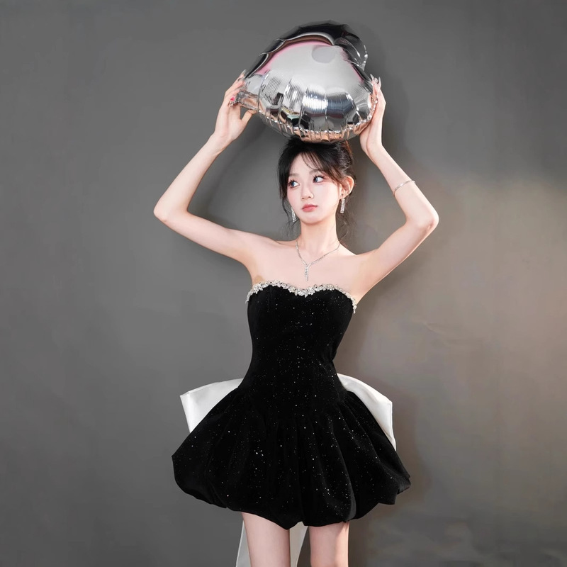 Kaka's Same Vietnamese Niche L@Ne Ci Cute and Sweet Velvet Tube Top Bow Party Dress