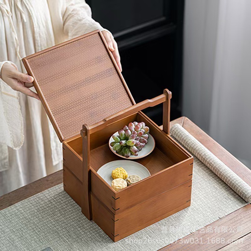 2025 月餅箱木製二層食品箱ポータブルペストリーギフトバスケットデスクトップ中国月餅包装箱|undefined
