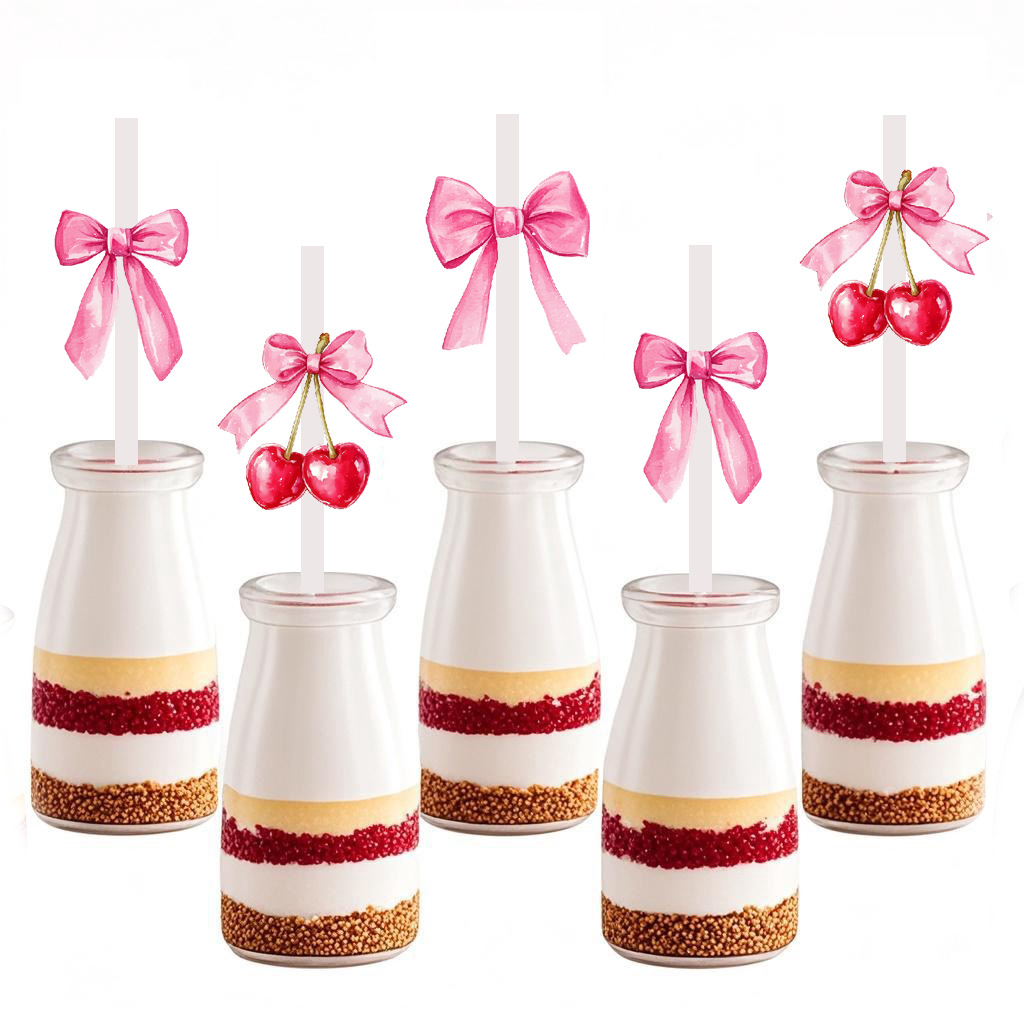 Punto transfronterizo 10 piezas de pastel de tubo blanco plug-in creativo fiesta decoración papel pajita cereza lazo rosa