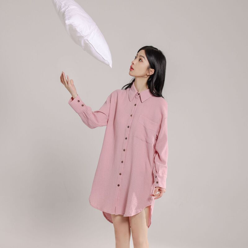 Cross-border 2024 Autumn Cotton Double-layer Yarn Nightdress Women's Long-sleeved Loose plus size Solid Color Lazy Shirt Style