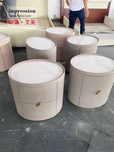444Z wholesale American light luxury bedside table Italian simple marble round slate bedroom solid wood double drawer complete