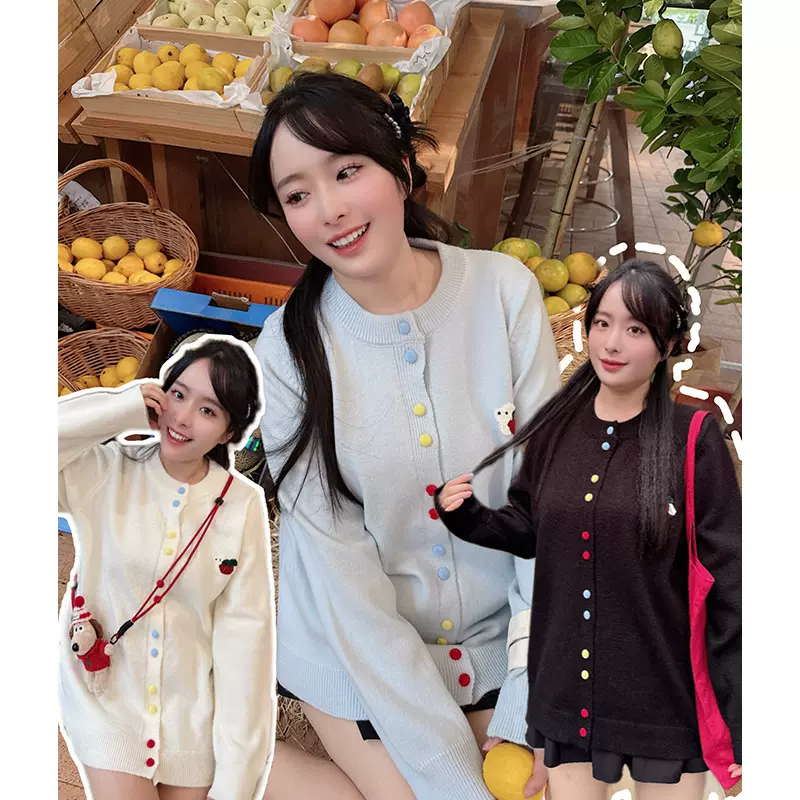 55018胖mm彩色扣正肩圆领长袖刺绣毛衣2025秋季新款大码针织开衫
