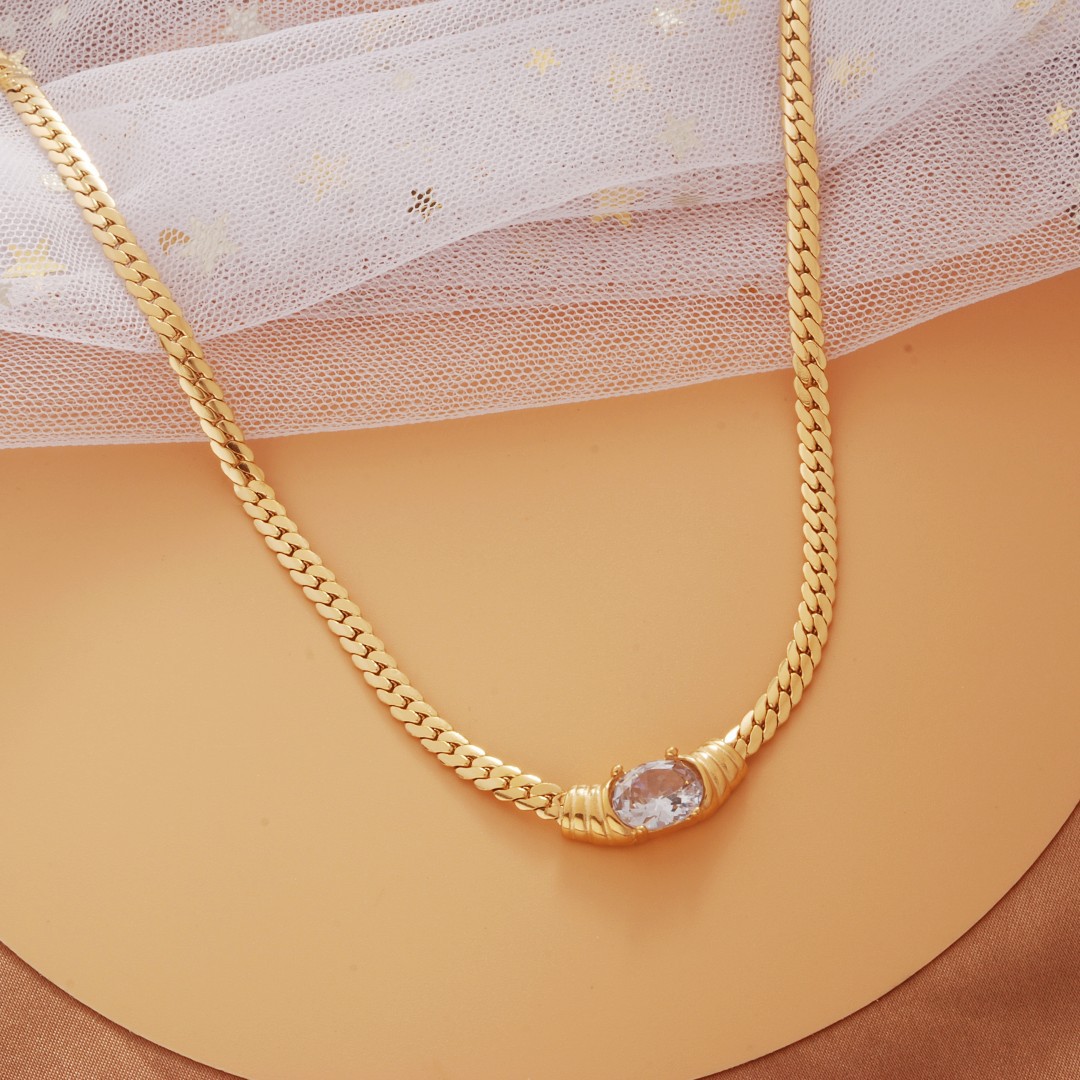 Titanium Steel Cuban Snake Bone Zircon Necklace For Women_voghion.com
