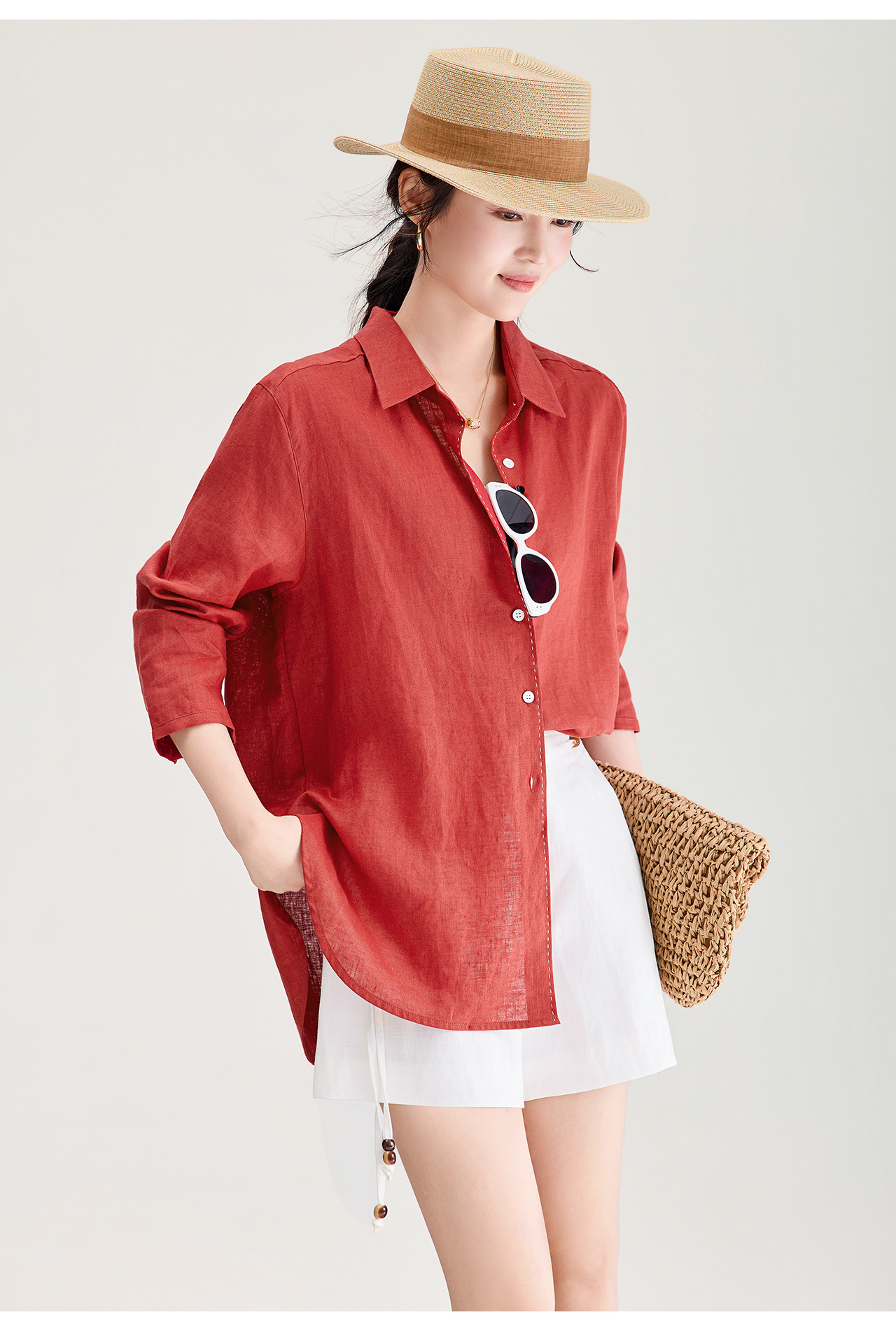 Áo sơ mi nữ linen chất lượng cao, phong cách cổ điển thư giãn, dáng rộng mùa hè — Đỏ Vermilion chi tiết 19