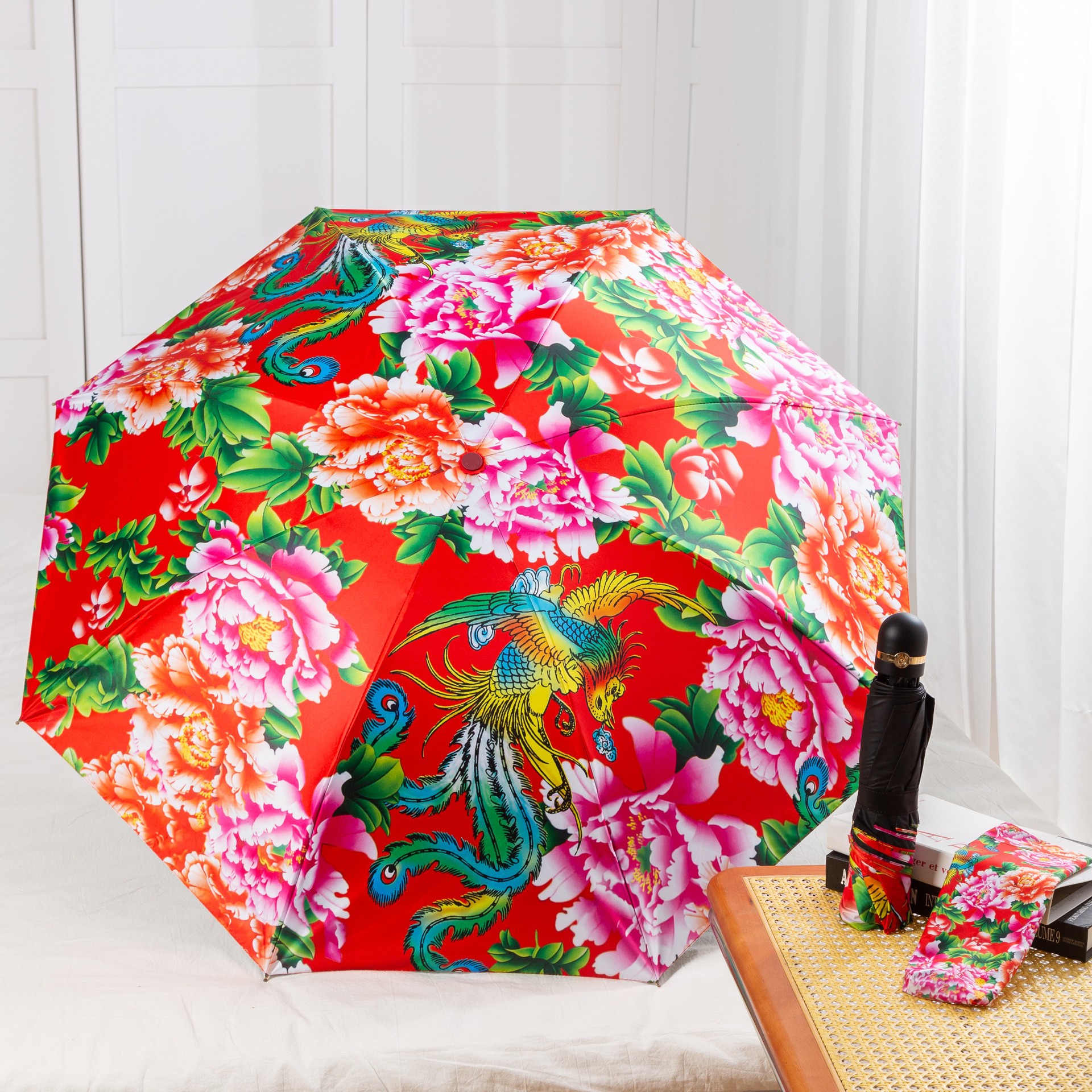 东北花棉袄防紫外线手动折叠晴雨伞黑胶遮阳太阳伞男女国潮风