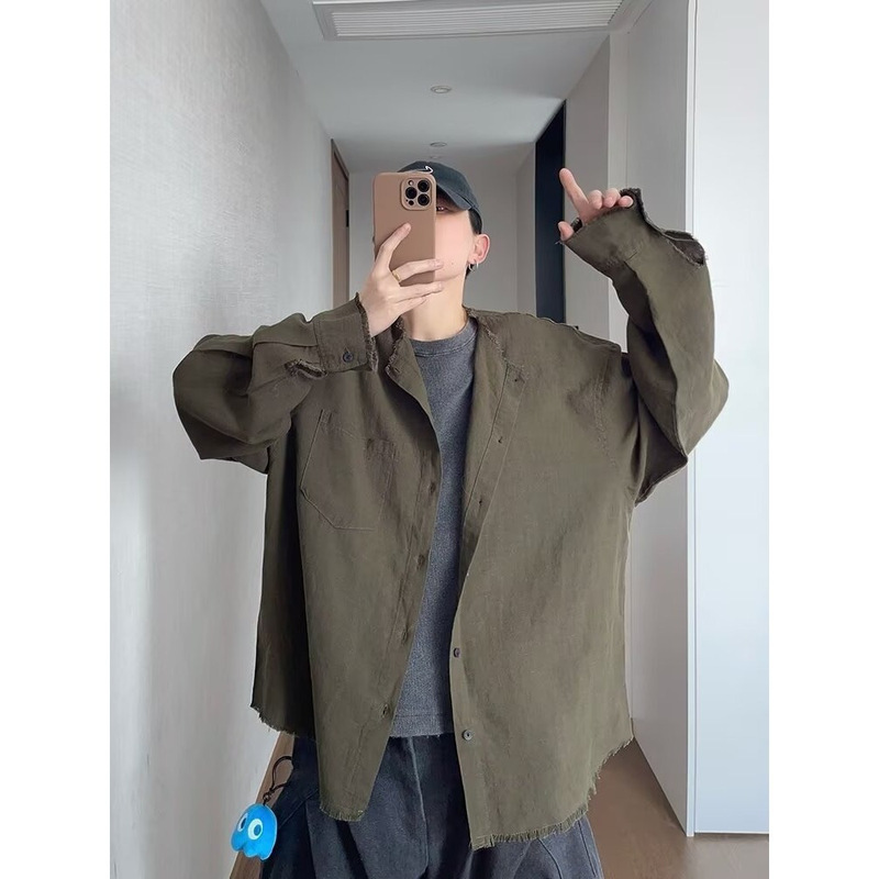 Green retro distressed hem shirt for men, early autumn thin loose casual relaxed long-sleeve shirt, sun protection jacket Green retro distressed hem shirt for men, early autumn thin loose casual relaxed long-sleeve shirt, sun protection jacket