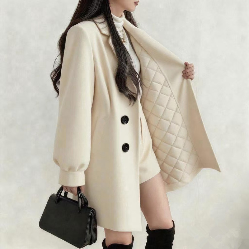 Autumn and Winter Loose Style Outwear Women's Woolen Suit Collar Mid-Length Small Quilted Thickeneded Woolen Outwear Women's Trendy Autumn and Winter Loose Style Outwear Women's Woolen Suit Collar Mid-Length Small Quilted Thickeneded Woolen Outwear Women's Trendy