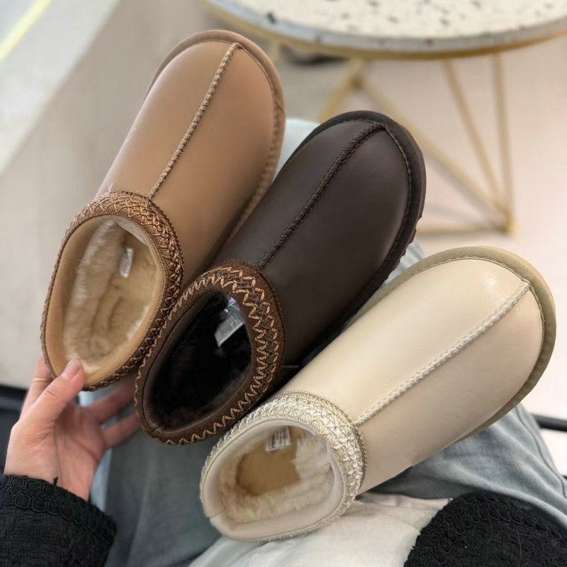 Crazy Horse Ethnic Style Shallow Tasman Snow Boots, Winter Warm Thick-Soled Plush Clogs with Closed Toe