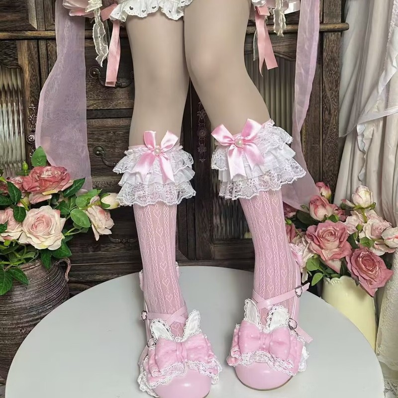新しいロリータリボンパールガールソックスロリータスイートレースミッドカーフソックス|undefined