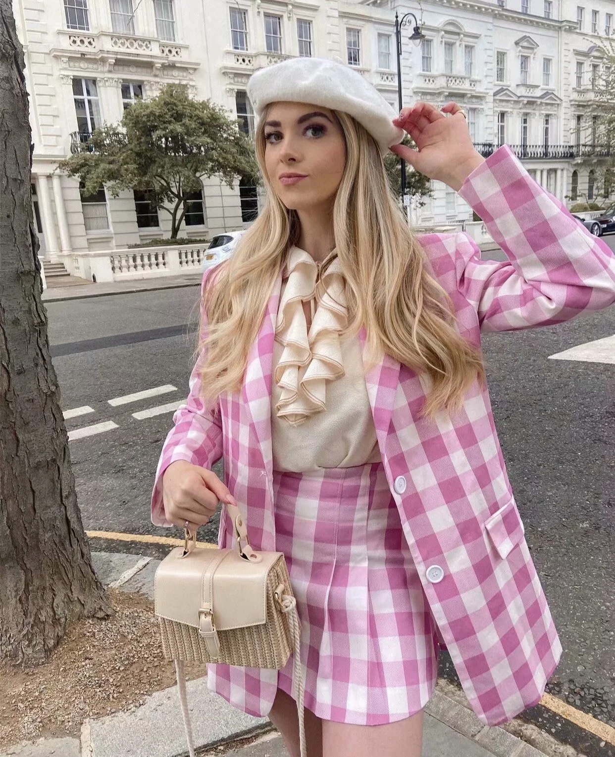 retro pink plaid loose straight two-button top NSAC63139