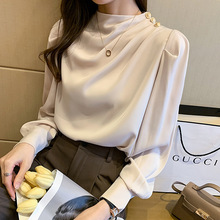 缎面气质上衣女2022春季新款韩版圆领灯笼袖时髦长袖衬衫