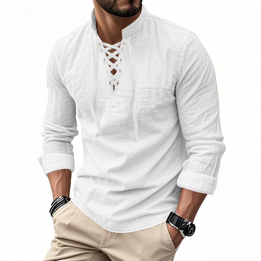 K Men's Casual Drawstring Stand Collar Long Sleeved Polo Shirt Top T-shirt_viptrois.com