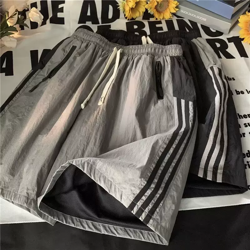 过膝短裤男美式ins宽松运动五分灯拉链三条杠夏季复古休闲潮牌裤