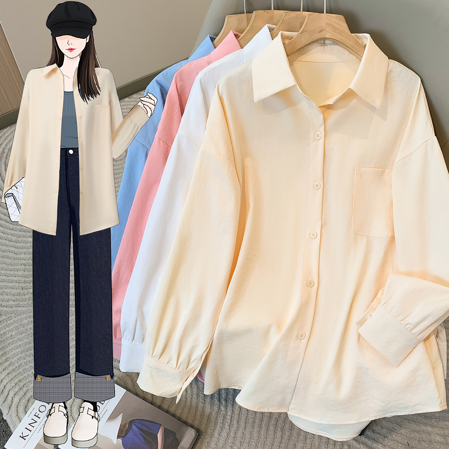 Spring and Summer New plus size Women's Long Sleeve Shirt Simple Big Pocket Loose Casual Top 5109#