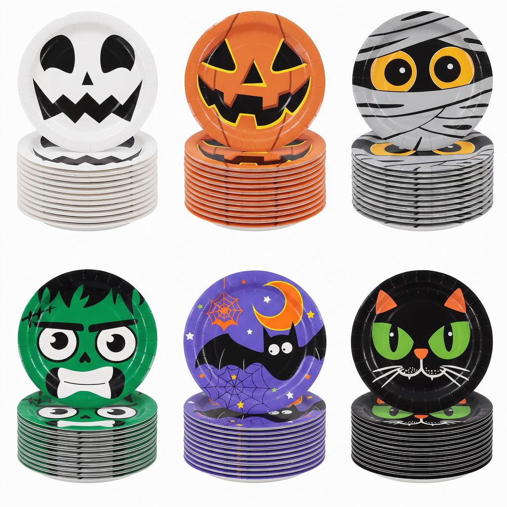 Cartoon Halloween Plates Pumpkin Skull Mummy Black Cat Disposable Children's Halloween Party Decorative Paper Plates