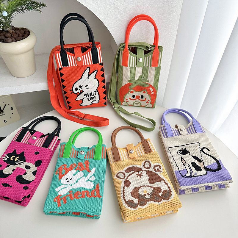 Cartoon tejido bolso para teléfonos móviles para mujeres 2025 nuevo estilo coreano de hombro único, bolso de viaje, bolso de cambio, bolso pequeño