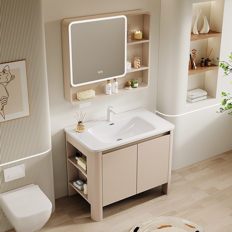 Cream Style Honeycomb Aluminum Floor-Standing Bathroom Cabinet Side Storage Cabinet Bathroom Ceramic Integrated Basin Combination Washbasin