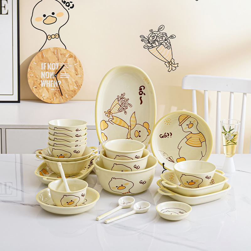 Milk huhu Cream Color Cartoon Ceramic Bowl Tableware Cute Household Bowl Bowl Plate Set High Color Value Rice Bowl Milk huhu Cream Color Cartoon Ceramic Bowl Tableware Cute Household Bowl Bowl Plate Set High Color Value Rice Bowl