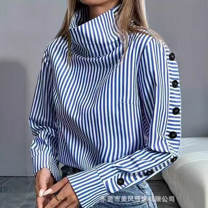 Amazon 2026 Spring and Summer New Women's Long-Sleeved Fashionable Stand-Up Collar Buttoned Plus-Size Shirt for Women Plus Size Vacation Style