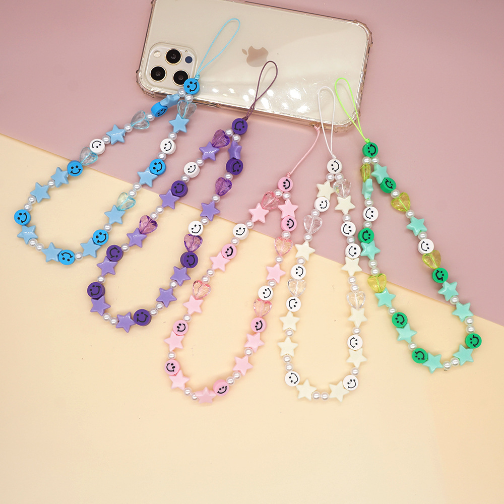 Cute Star Heart Shape Smiley Face Imitation Pearl Soft Clay Valentine's Day Mobile Phone Chain display picture 1