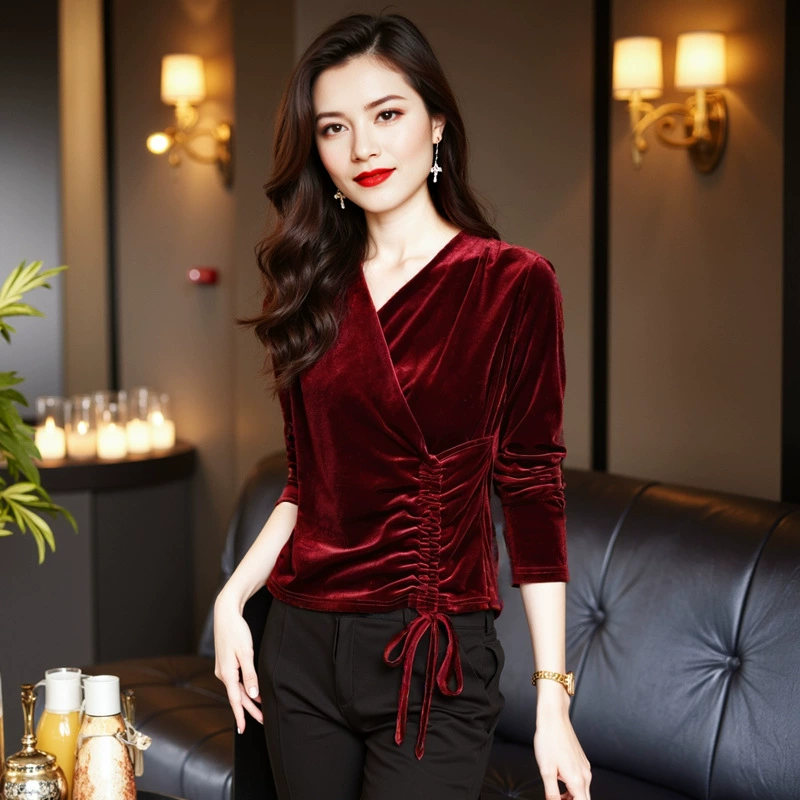 Красная бархатная базовая рубашка Ankora со стильной футболкой с бантом в новом осеннем стиле 2024 года.