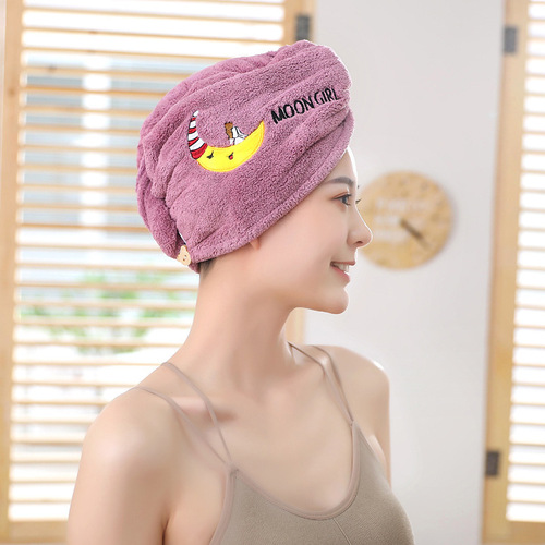 Coral Velvet Hair Drying Cap & Shower Cap for Girls: Thickened, Highly Absorbent, Quick-Drying, Cute Cartoon-Embroidered Single or Double-Layer Headscarf