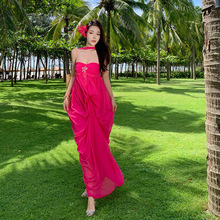 泰国海边氛围感长裙超仙绑带挂脖抹胸吊带裙度假连衣裙夏