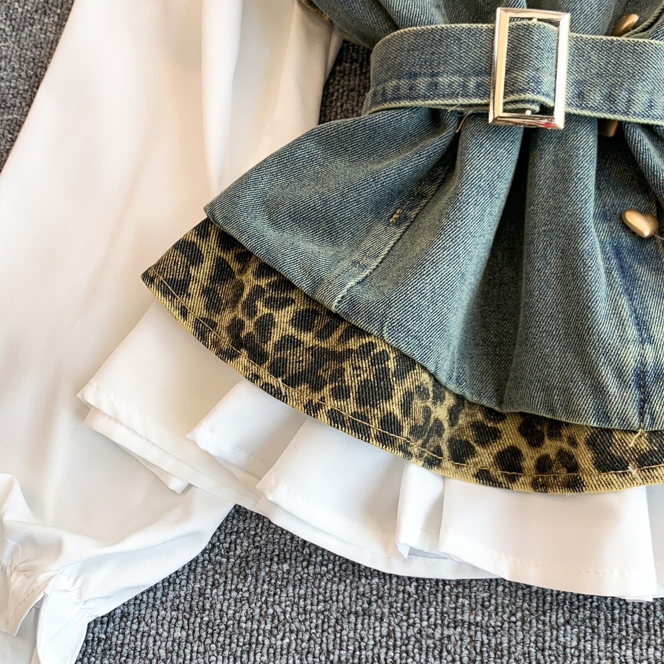 Women's Denim Leopard Print Slimming Shirt Dress Lace Up Design Suspender Top Elegant Fashion Unique Edgy Chic Sophisticated Clothing_ecoleips.com