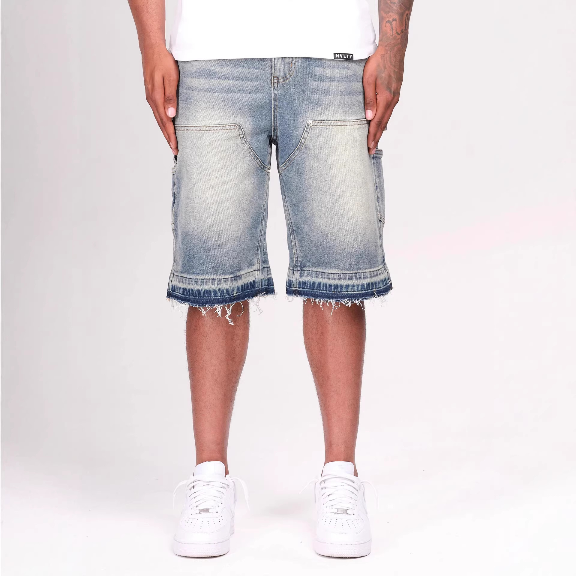 Men's Low Waist Loose Straight Leg Denim Shorts Blue Washed Raw Edge Casual Summer Shorts_mkmklike.com
